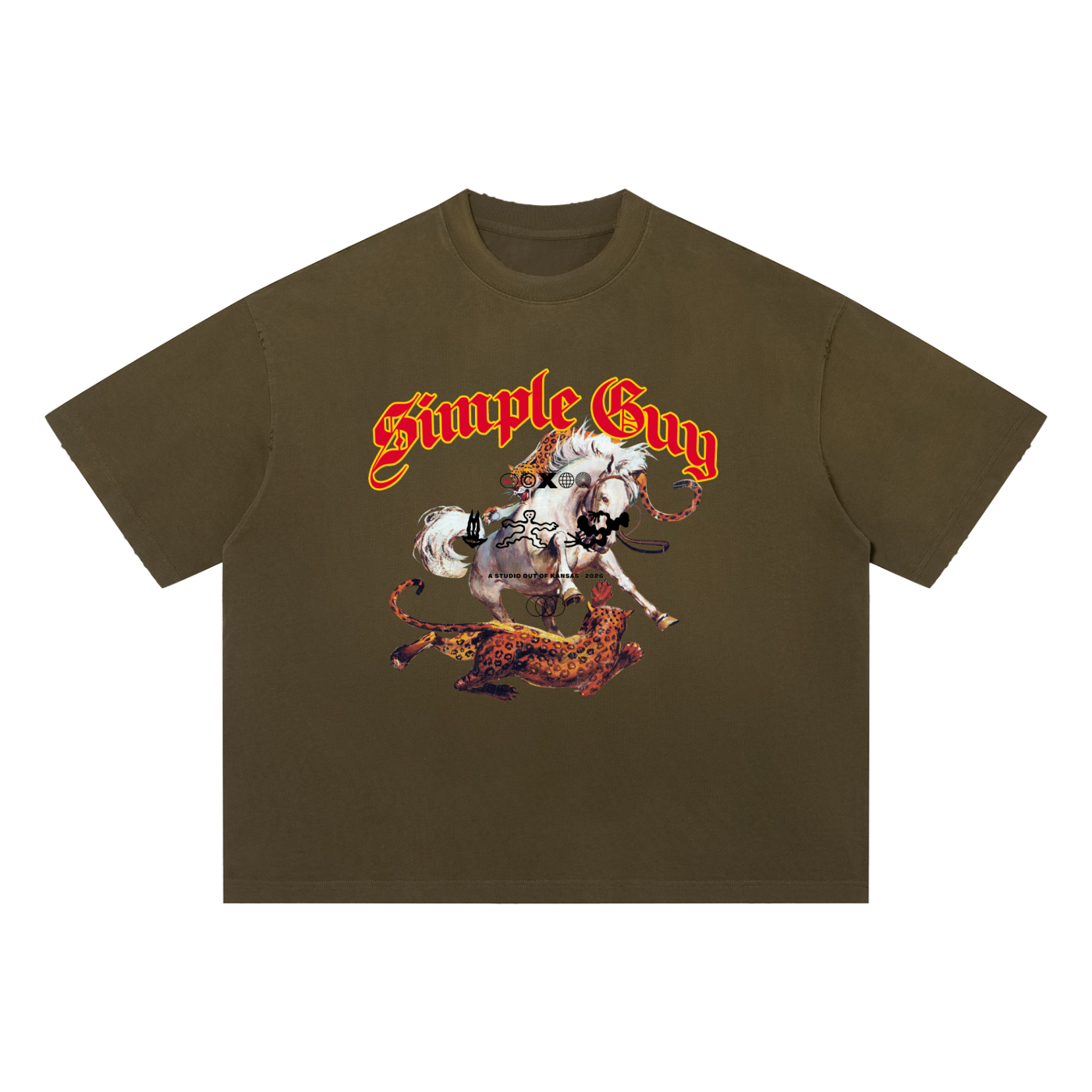 Brown t-shirt with 'Simple Guy' graphic design featuring a horse and flames on a white background.