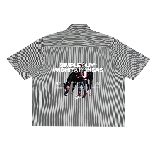 Striped shirt with graphic design and text on the back, simple guy, dodge city roots striped shirt