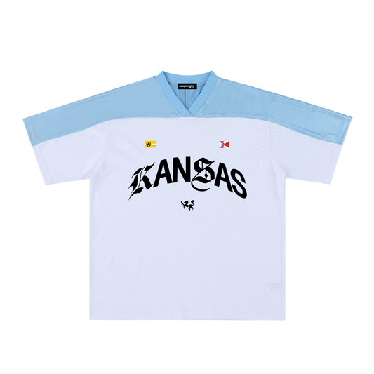 T-shirt with a Kansas graphic design and text on a white background, simple guy, air capital jersey, cloud blue.