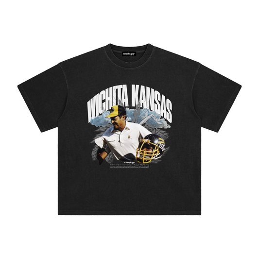 Black t-shirt with graphic design of a person and 'Wichita Kansas' text on a white background, wsu football shirt