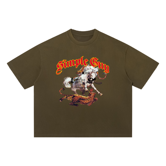 Brown t-shirt with 'Simple Guy' graphic design featuring a horse and flames on a white background.